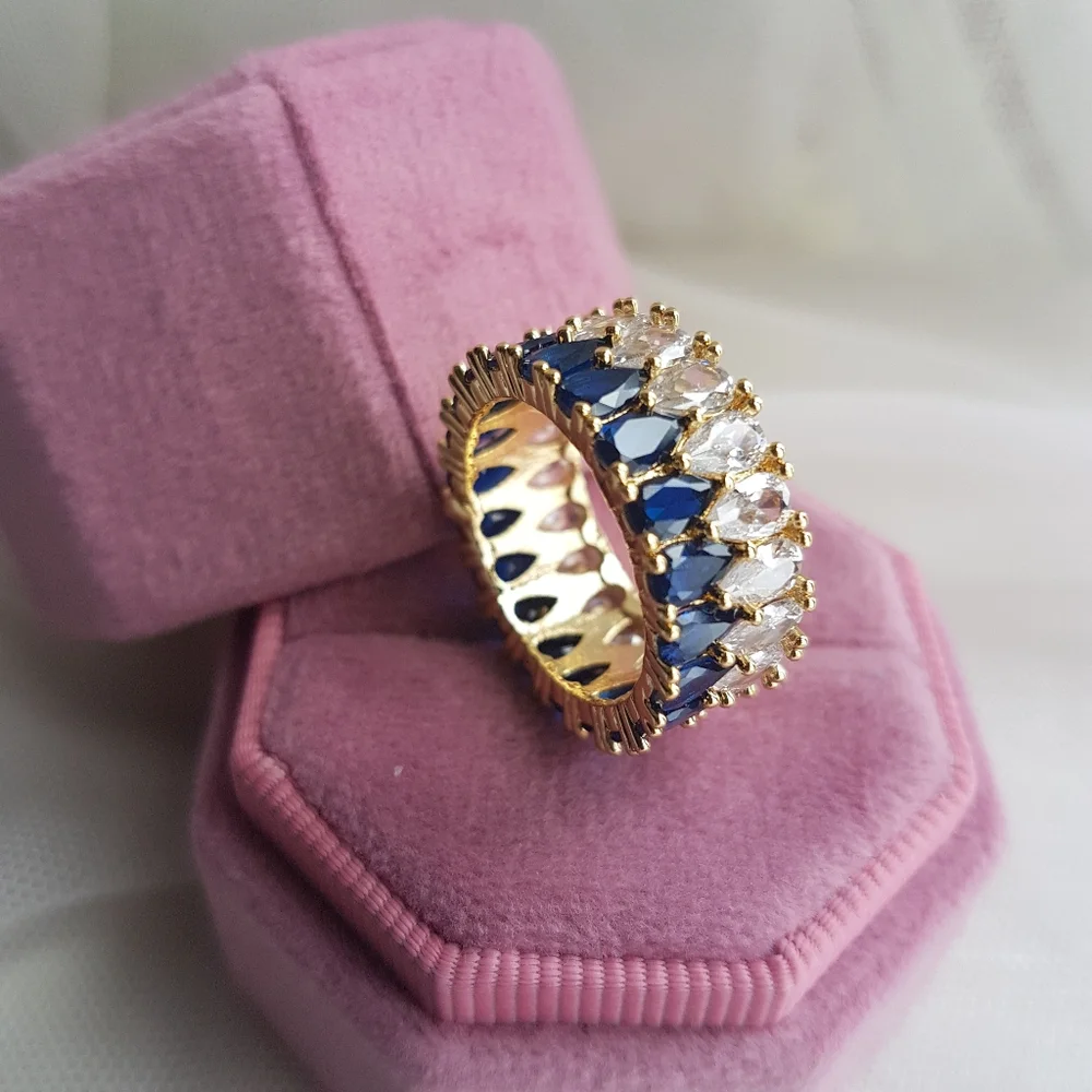 Swarovski Elements Gold Clear & Royal Blue Teardrop Eternity Band Ring NEW